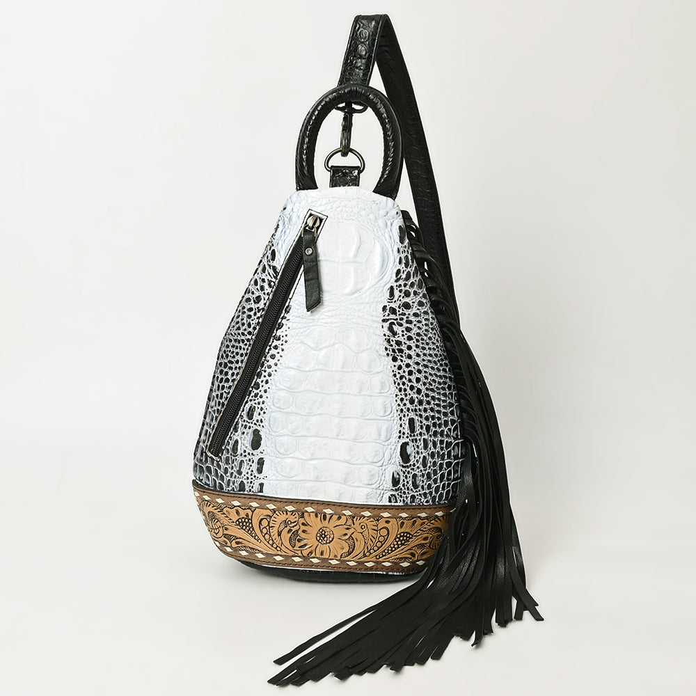 ADBG1482 Croc Embossed Leather Fringe Sling Backpack with Tooled Base - Western Crossbody Bag