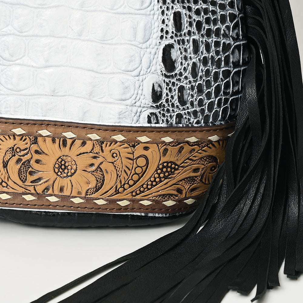 ADBG1482 Croc Embossed Leather Fringe Sling Backpack with Tooled Base - Western Crossbody Bag