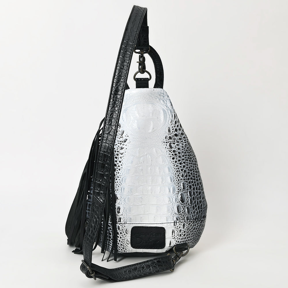 ADBG1482 Croc Embossed Leather Fringe Sling Backpack with Tooled Base - Western Crossbody Bag