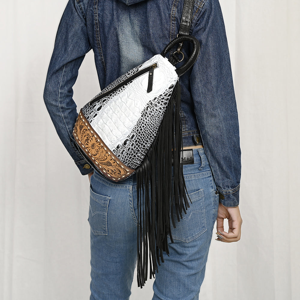 ADBG1482 Croc Embossed Leather Fringe Sling Backpack with Tooled Base - Western Crossbody Bag