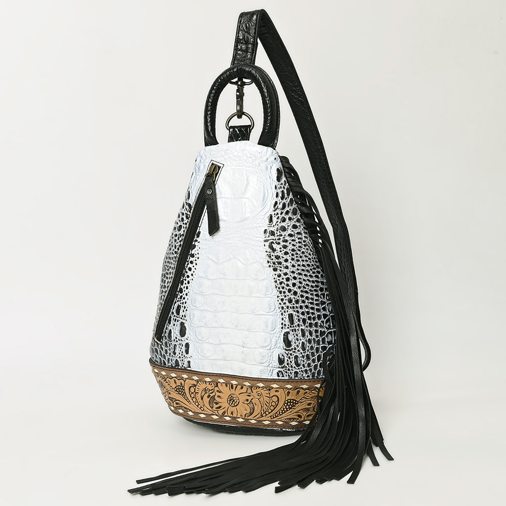 ADBG1482 Croc Embossed Leather Fringe Sling Backpack with Tooled Base - Western Crossbody Bag