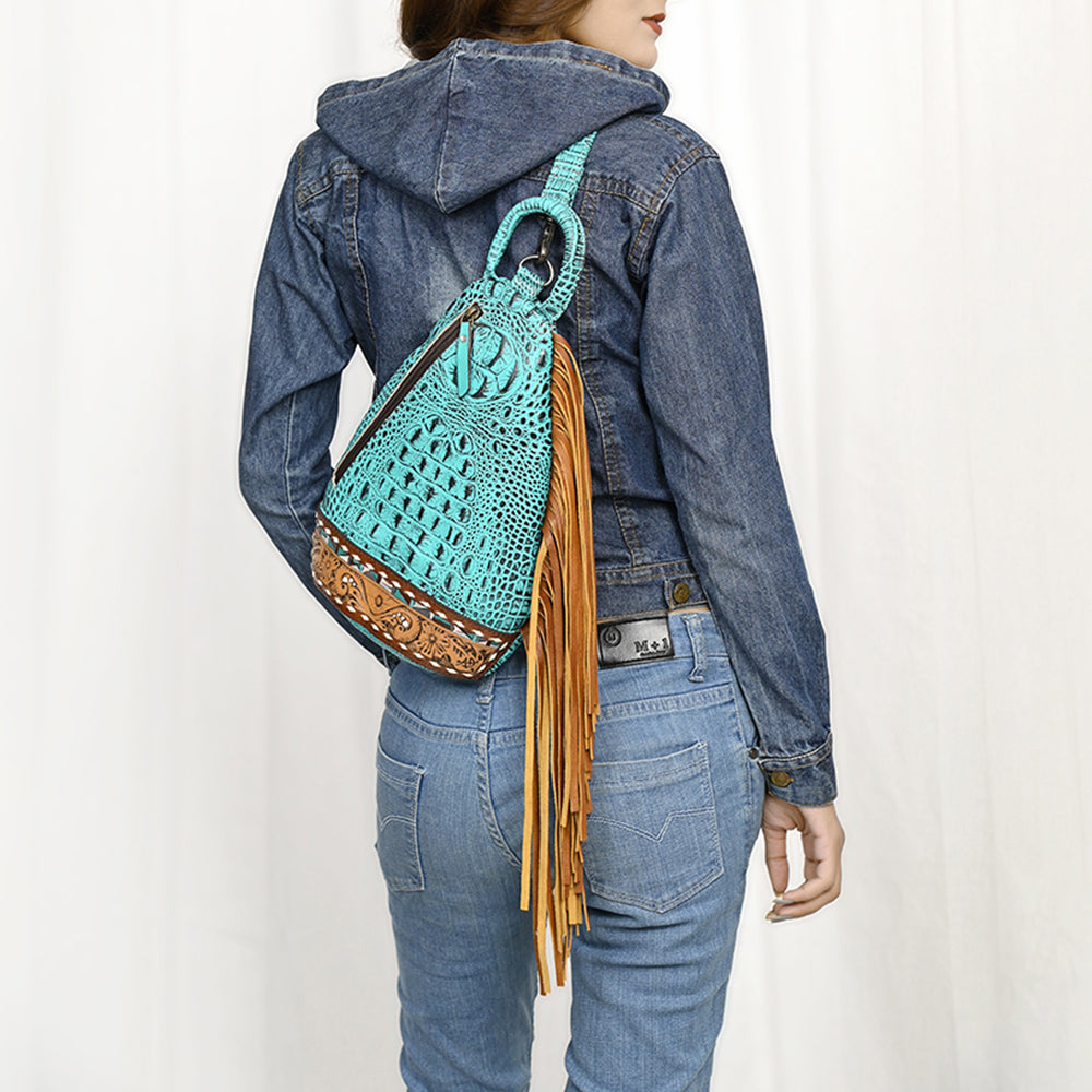 ADBG1482 Croc Embossed Leather Fringe Sling Backpack with Tooled Base - Western Crossbody Bag