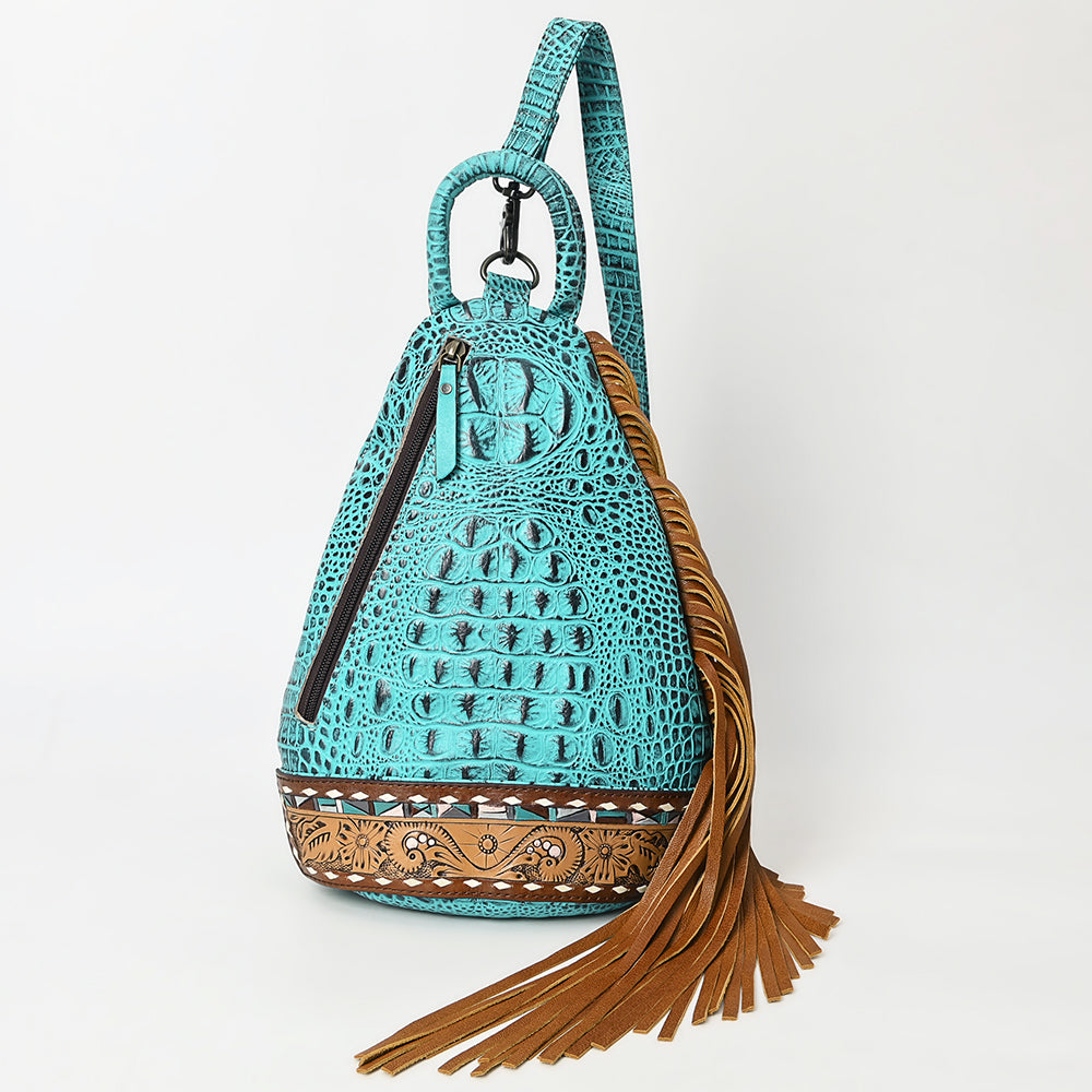 ADBG1482 Croc Embossed Leather Fringe Sling Backpack with Tooled Base - Western Crossbody Bag