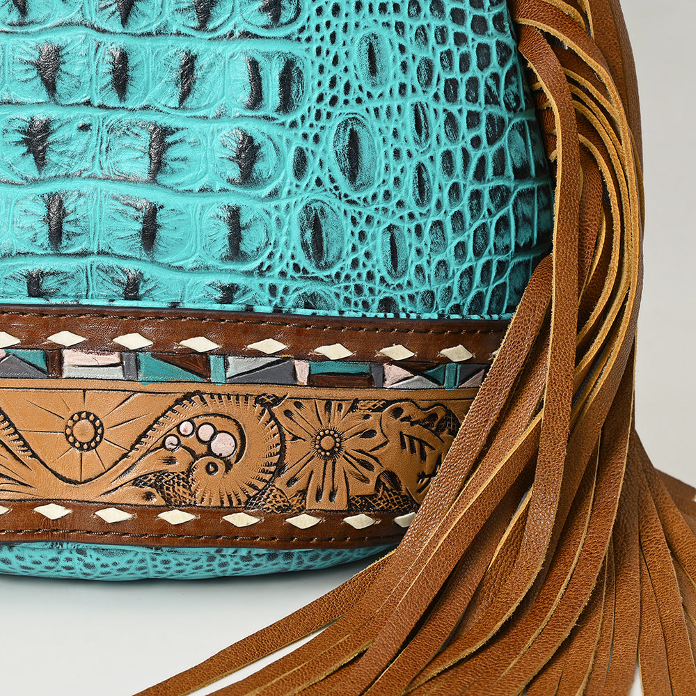ADBG1482 Croc Embossed Leather Fringe Sling Backpack with Tooled Base - Western Crossbody Bag