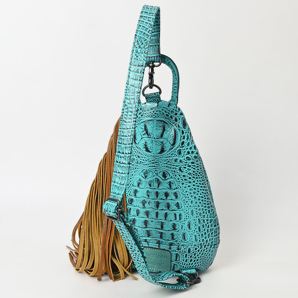 ADBG1482 Croc Embossed Leather Fringe Sling Backpack with Tooled Base - Western Crossbody Bag