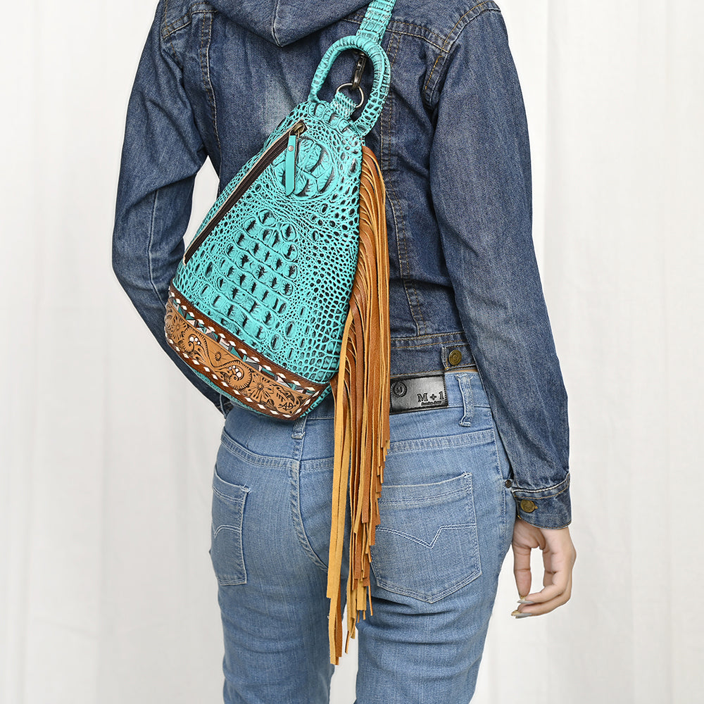 ADBG1482 Croc Embossed Leather Fringe Sling Backpack with Tooled Base - Western Crossbody Bag