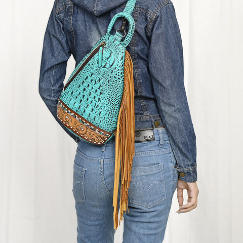 American Darling Crocodile Embossed Sling Bag | Hand-Tooled Leather Fringe Bag