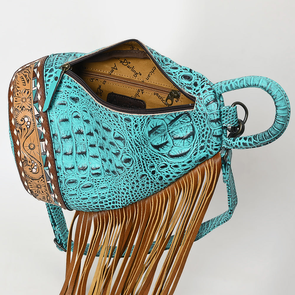ADBG1482 Croc Embossed Leather Fringe Sling Backpack with Tooled Base - Western Crossbody Bag