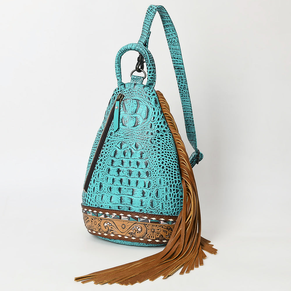 ADBG1482 Croc Embossed Leather Fringe Sling Backpack with Tooled Base - Western Crossbody Bag
