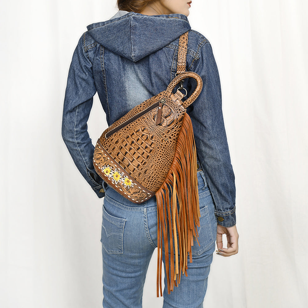 ADBG1482 Croc Embossed Leather Fringe Sling Backpack with Tooled Base - Western Crossbody Bag