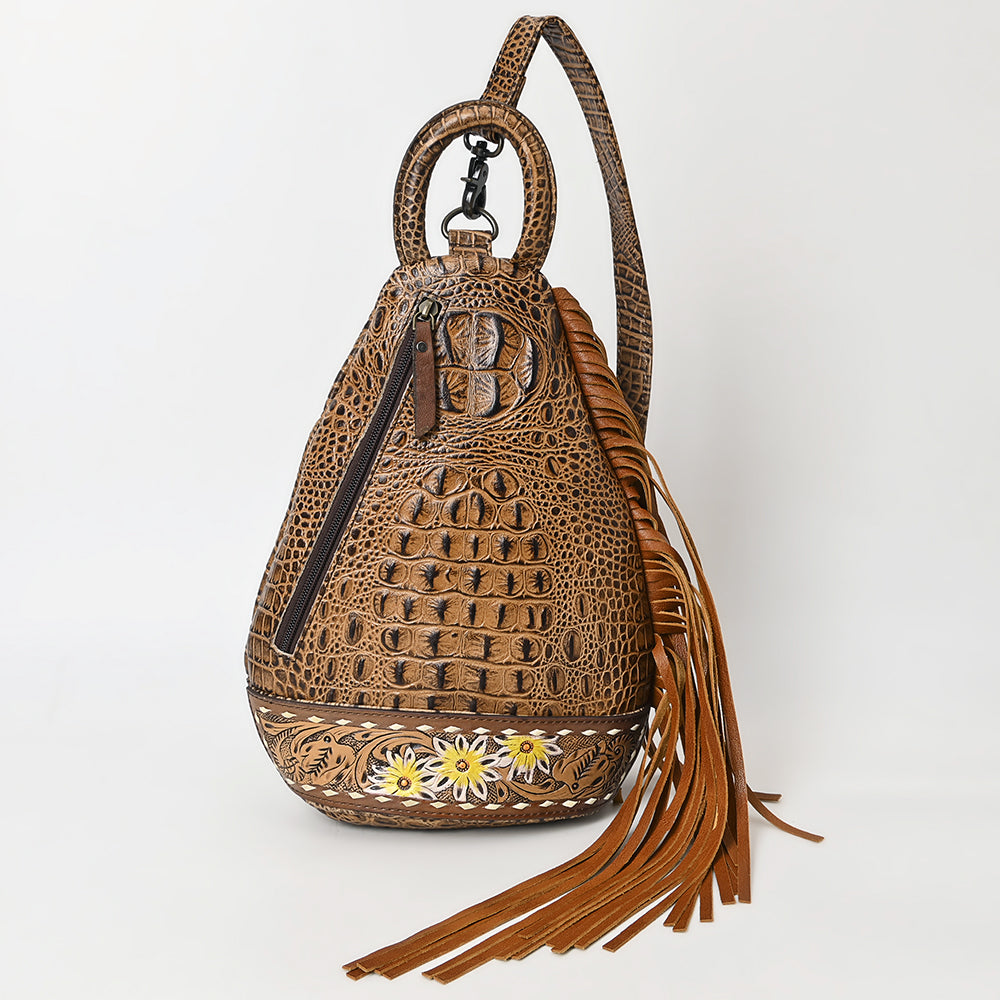 ADBG1482 Croc Embossed Leather Fringe Sling Backpack with Tooled Base - Western Crossbody Bag