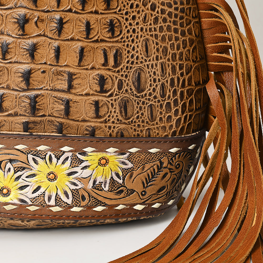 ADBG1482 Croc Embossed Leather Fringe Sling Backpack with Tooled Base - Western Crossbody Bag