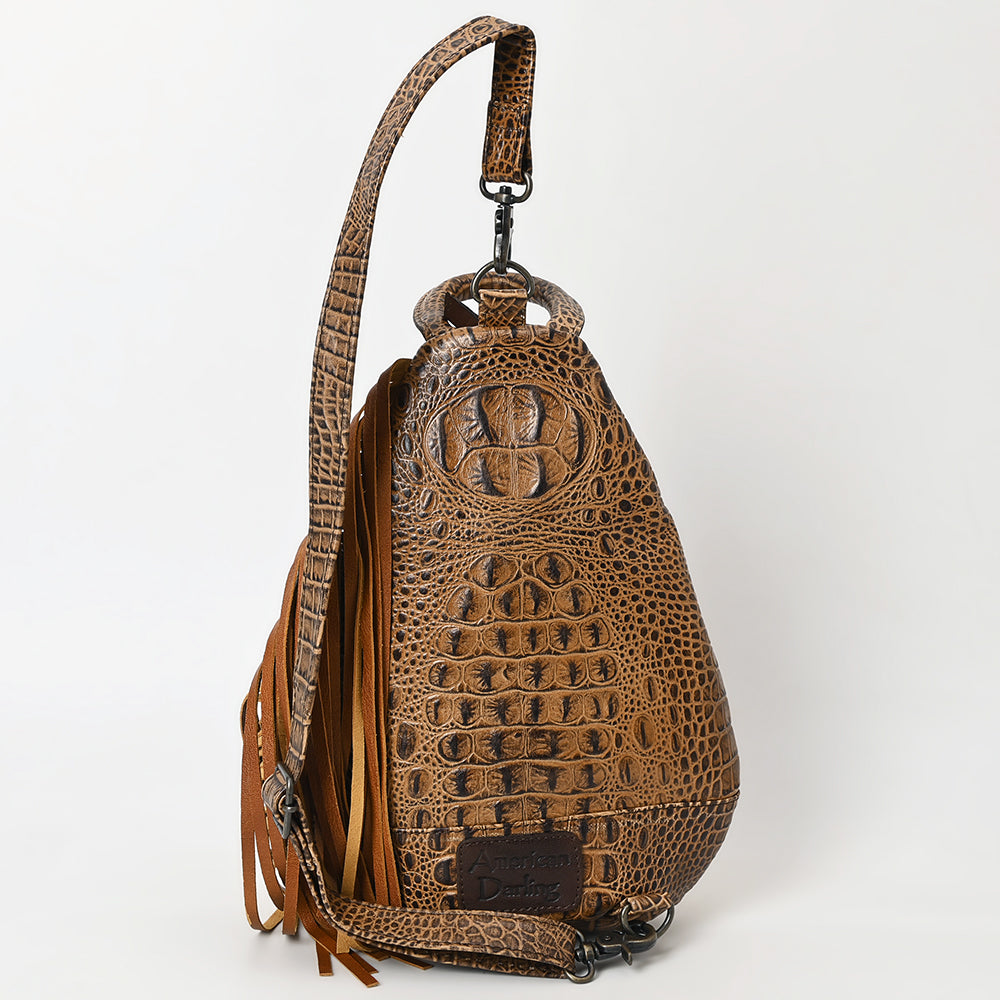 ADBG1482 Croc Embossed Leather Fringe Sling Backpack with Tooled Base - Western Crossbody Bag