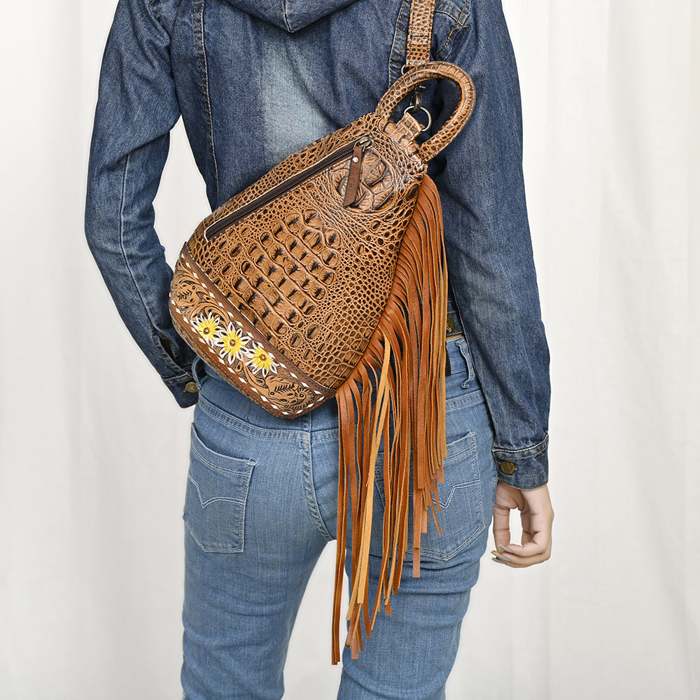 ADBG1482 Croc Embossed Leather Fringe Sling Backpack with Tooled Base - Western Crossbody Bag