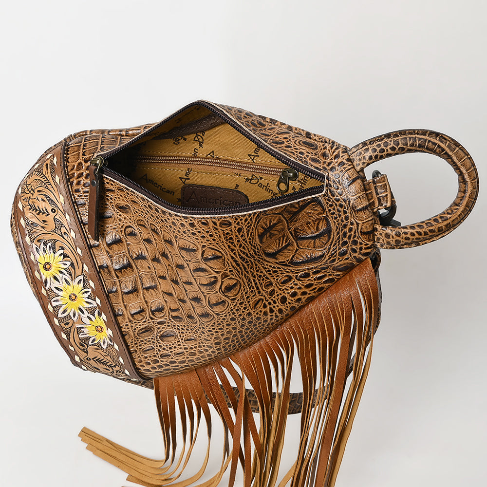 ADBG1482 Croc Embossed Leather Fringe Sling Backpack with Tooled Base - Western Crossbody Bag
