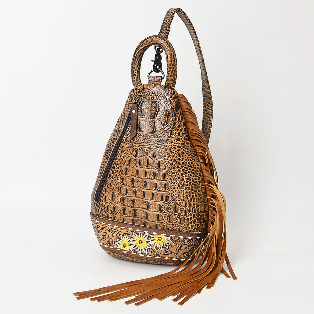 ADBG1482 Croc Embossed Leather Fringe Sling Backpack with Tooled Base - Western Crossbody Bag