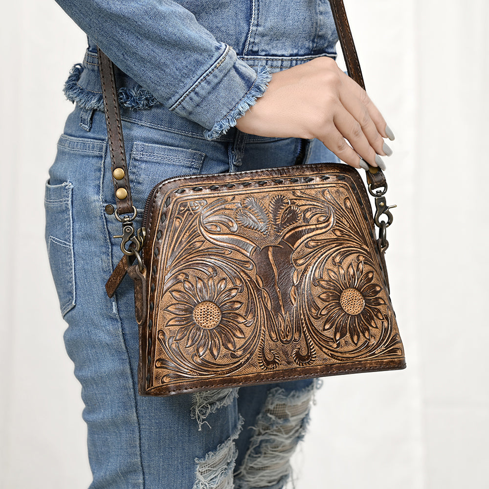 ADBG769 Western Tooled Leather Crossbody with Longhorn Design American Darling