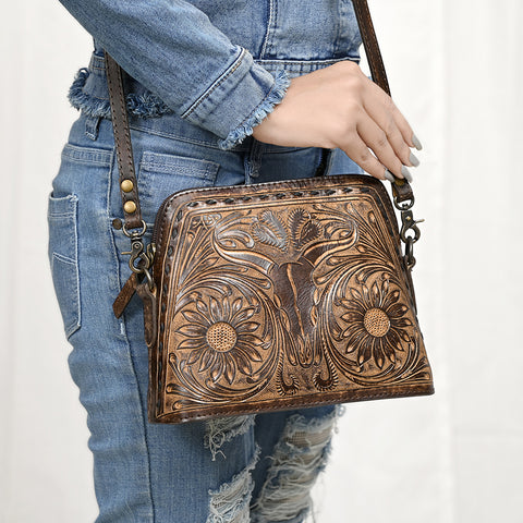 American Darling Hand Tooled Western Leather Crossbody - Floral Carved Full Grain Leather