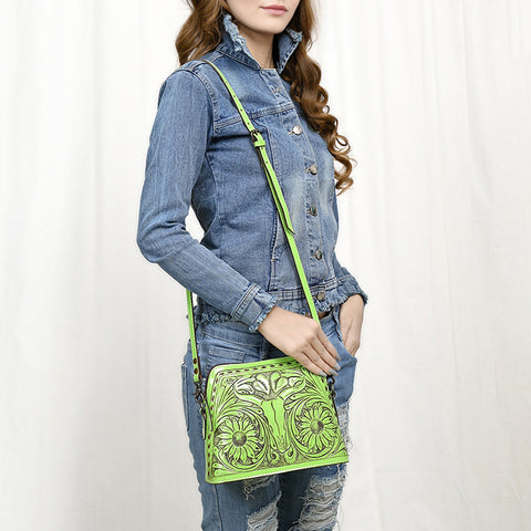 American Darling Hand Tooled Western Leather Crossbody - Floral Carved Full Grain Leather