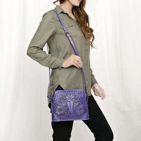 American Darling Hand Tooled Western Leather Crossbody - Floral Carved Full Grain Leather