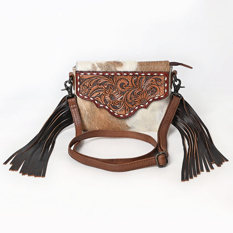 American Darling Hair-on Cowhide Leather Crossbody Bag Floral Tooling & Fringes Western Handbag
