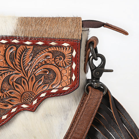 American Darling Hair-on Cowhide Leather Crossbody Bag Floral Tooling & Fringes Western Handbag