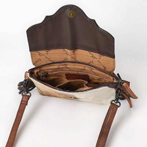 American Darling Hair-on Cowhide Leather Crossbody Bag Floral Tooling & Fringes Western Handbag