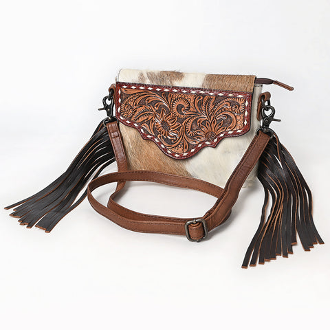 American Darling Hair-on Cowhide Leather Crossbody Bag Floral Tooling & Fringes Western Handbag
