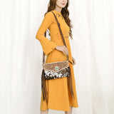 ADBG1484 Hand Tooled Leather Cowhide Fringe Crossbody Bag with Turquoise Accent