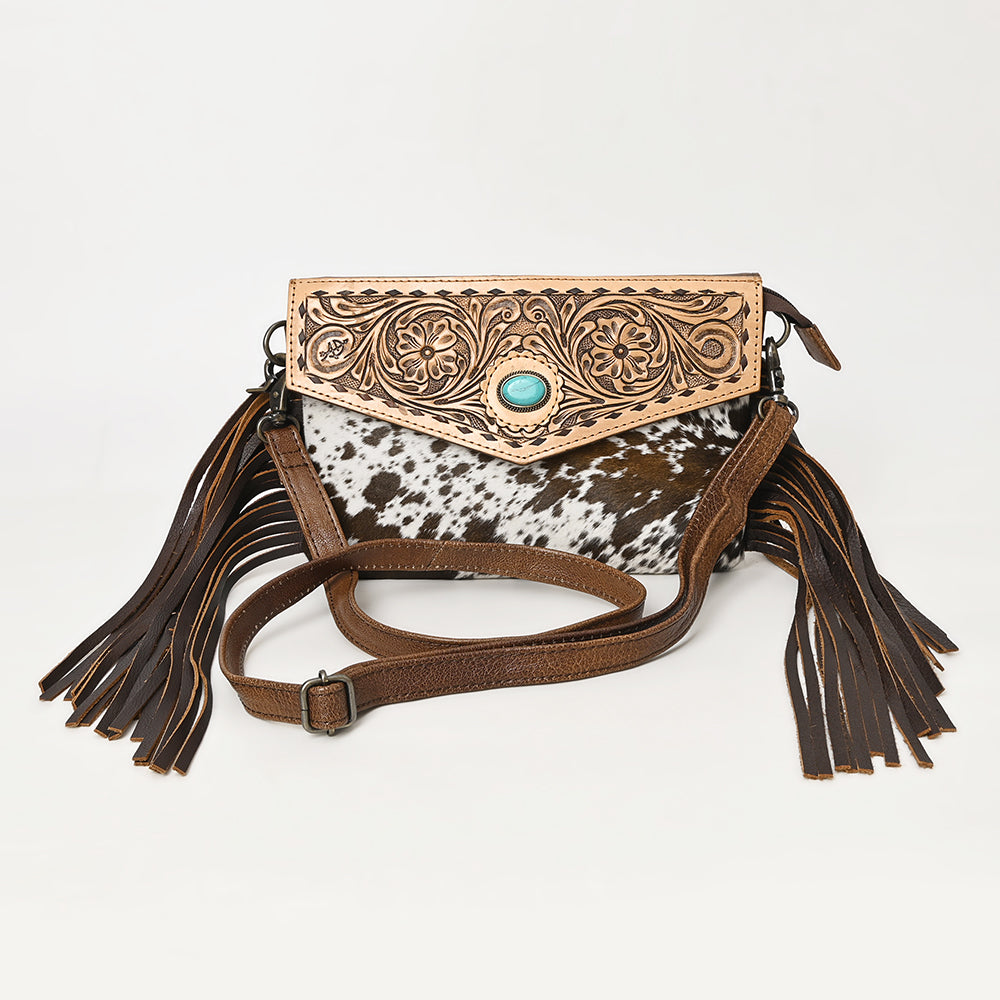 ADBG1484 Hand Tooled Leather Cowhide Fringe Crossbody Bag with Turquoise Accent