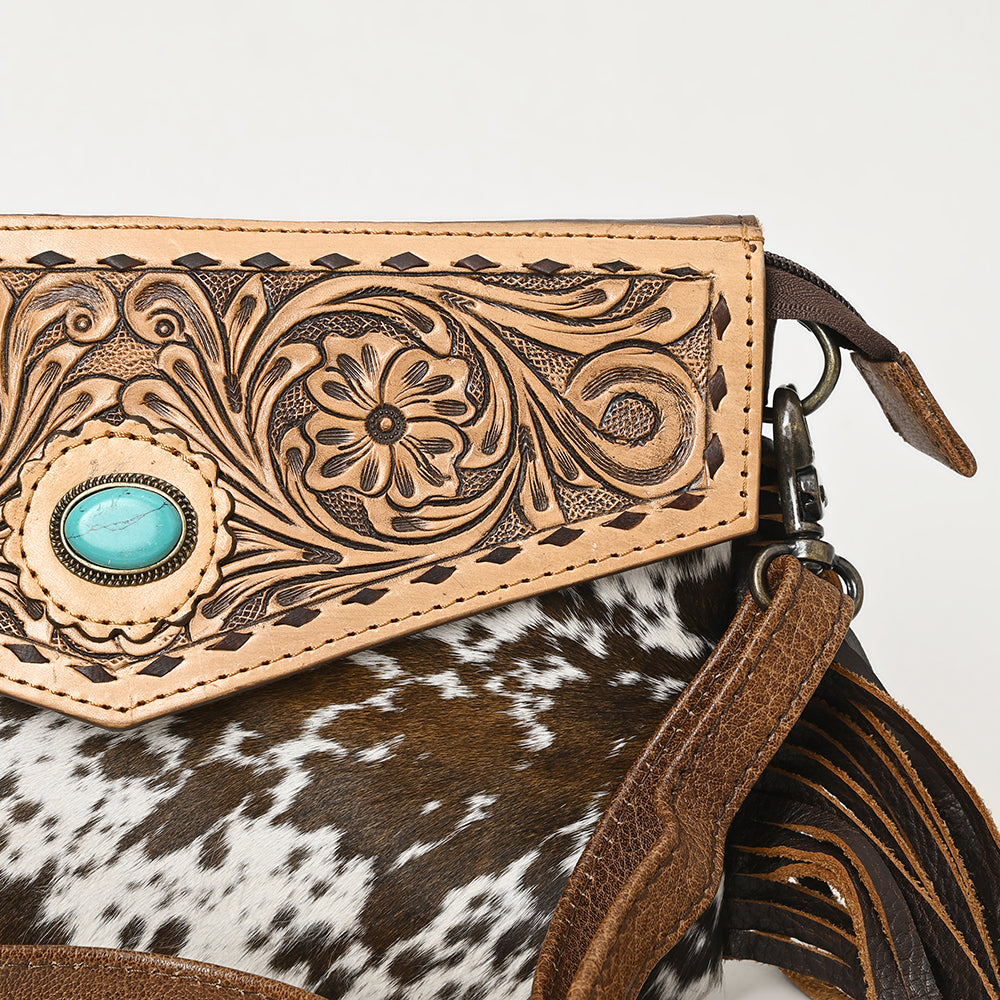 ADBG1484 Hand Tooled Leather Cowhide Fringe Crossbody Bag with Turquoise Accent