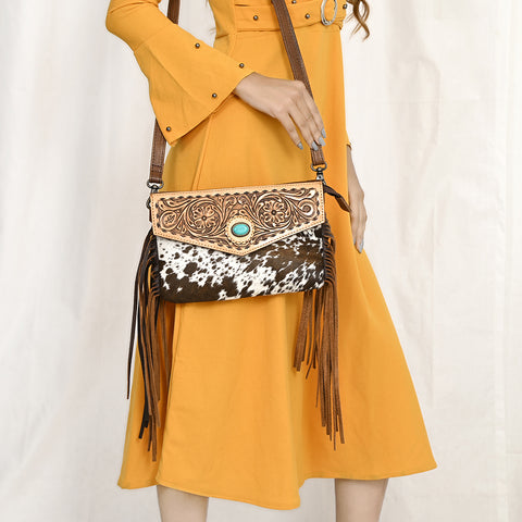 American Darling Cowhide Hand-Tooled Envelop Bag | Fringe Crossbody Purse