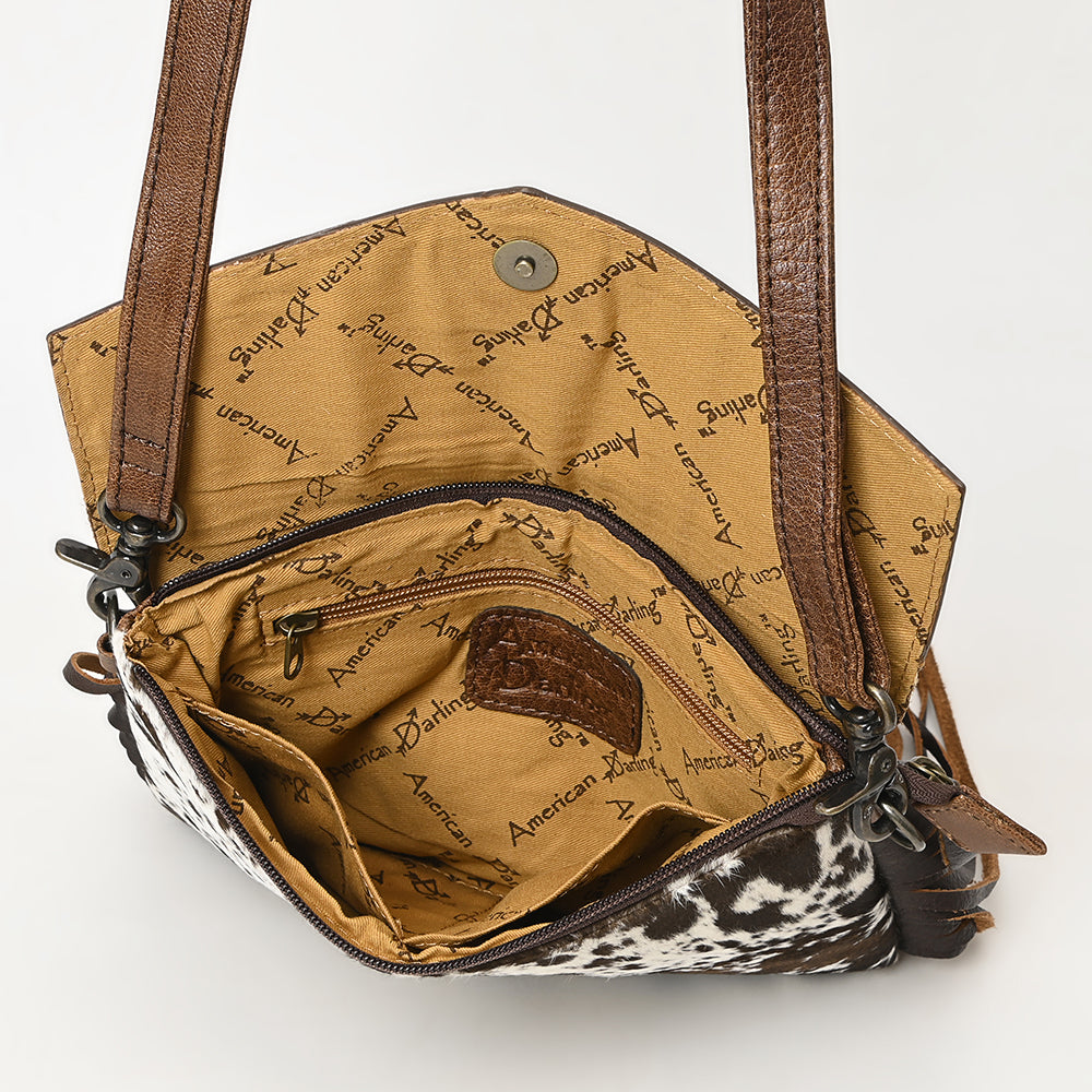 ADBG1484 Hand Tooled Leather Cowhide Fringe Crossbody Bag with Turquoise Accent