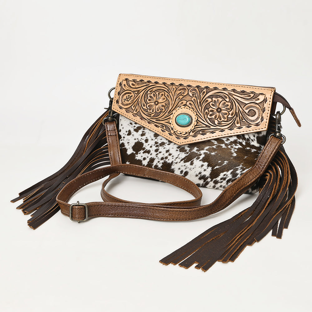 ADBG1484 Hand Tooled Leather Cowhide Fringe Crossbody Bag with Turquoise Accent