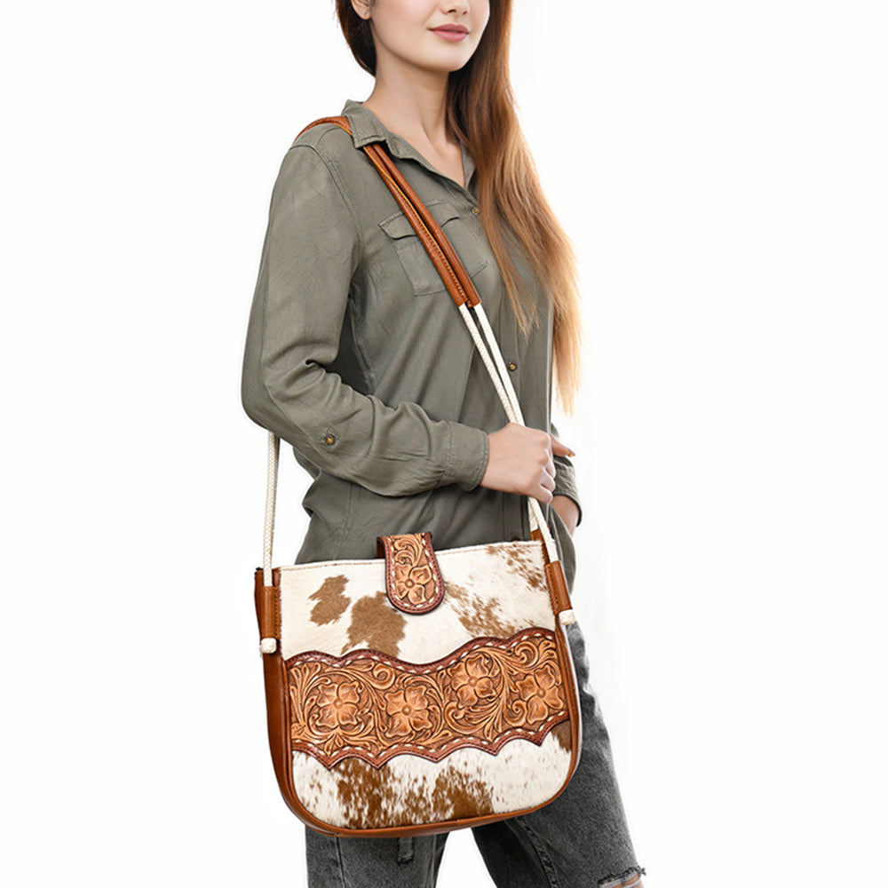 ADBG1485 Cowhide and Hand Tooled Leather Floral Shoulder Bag with Western Rope Strap