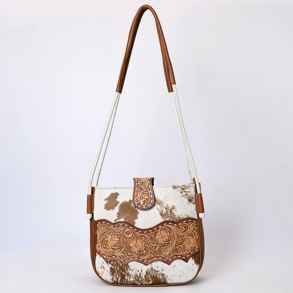 ADBG1485 Cowhide and Hand Tooled Leather Floral Shoulder Bag with Western Rope Strap