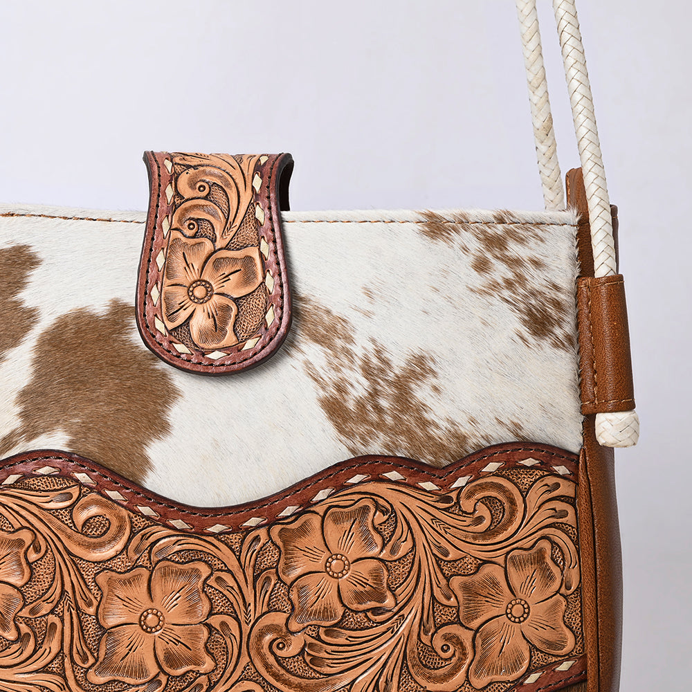 ADBG1485 Cowhide and Hand Tooled Leather Floral Shoulder Bag with Western Rope Strap