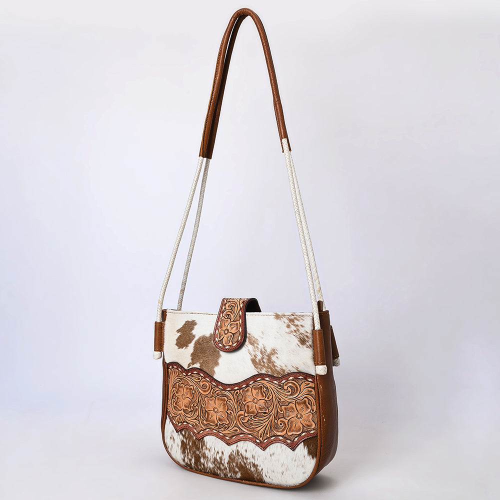 ADBG1485 Cowhide and Hand Tooled Leather Floral Shoulder Bag with Western Rope Strap