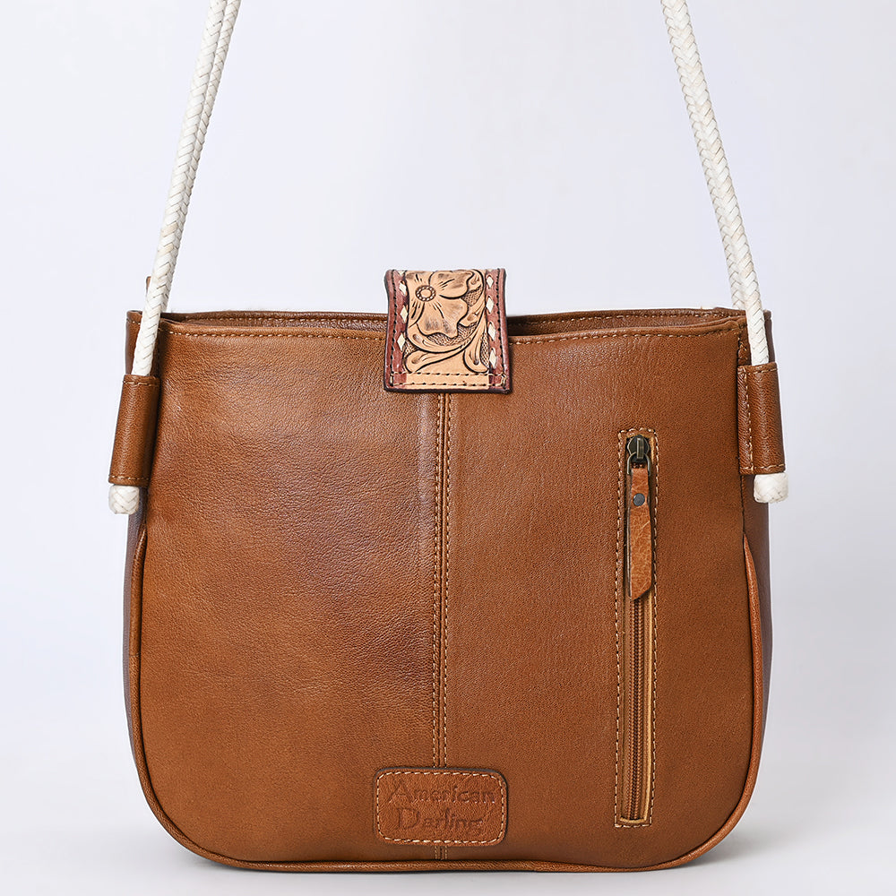 ADBG1485 Cowhide and Hand Tooled Leather Floral Shoulder Bag with Western Rope Strap