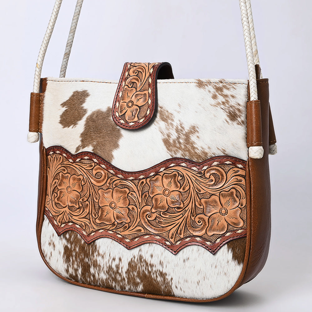 ADBG1485 Cowhide and Hand Tooled Leather Floral Shoulder Bag with Western Rope Strap