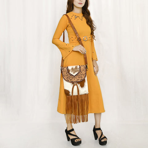 American Darling Hair-On Cowhide & Hand-Tooled Crossbody Bag | Tassel Flap Purse