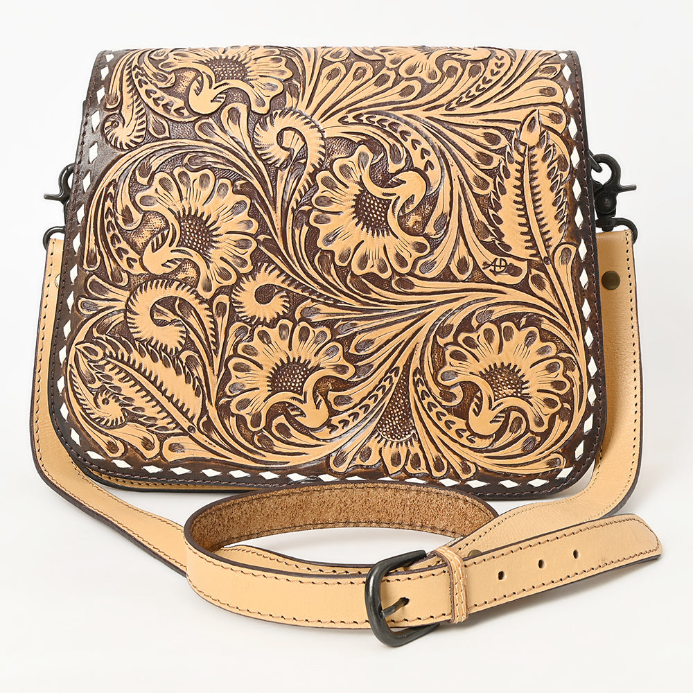 ADBGZ780 Natural Tooled Leather Crossbody Bag - Western Floral Flap Shoulder Purse