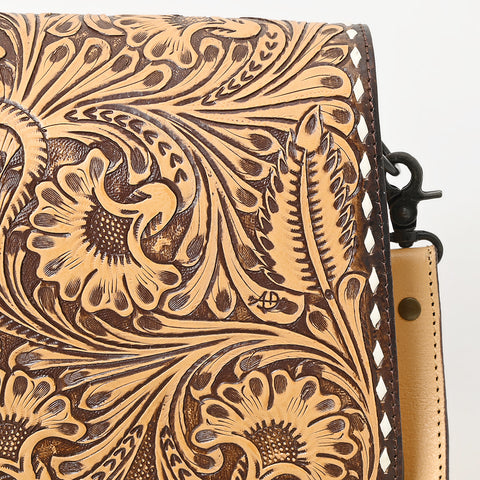 ADBGZ780 Natural Tooled Leather Crossbody Bag - Western Floral Flap Shoulder Purse