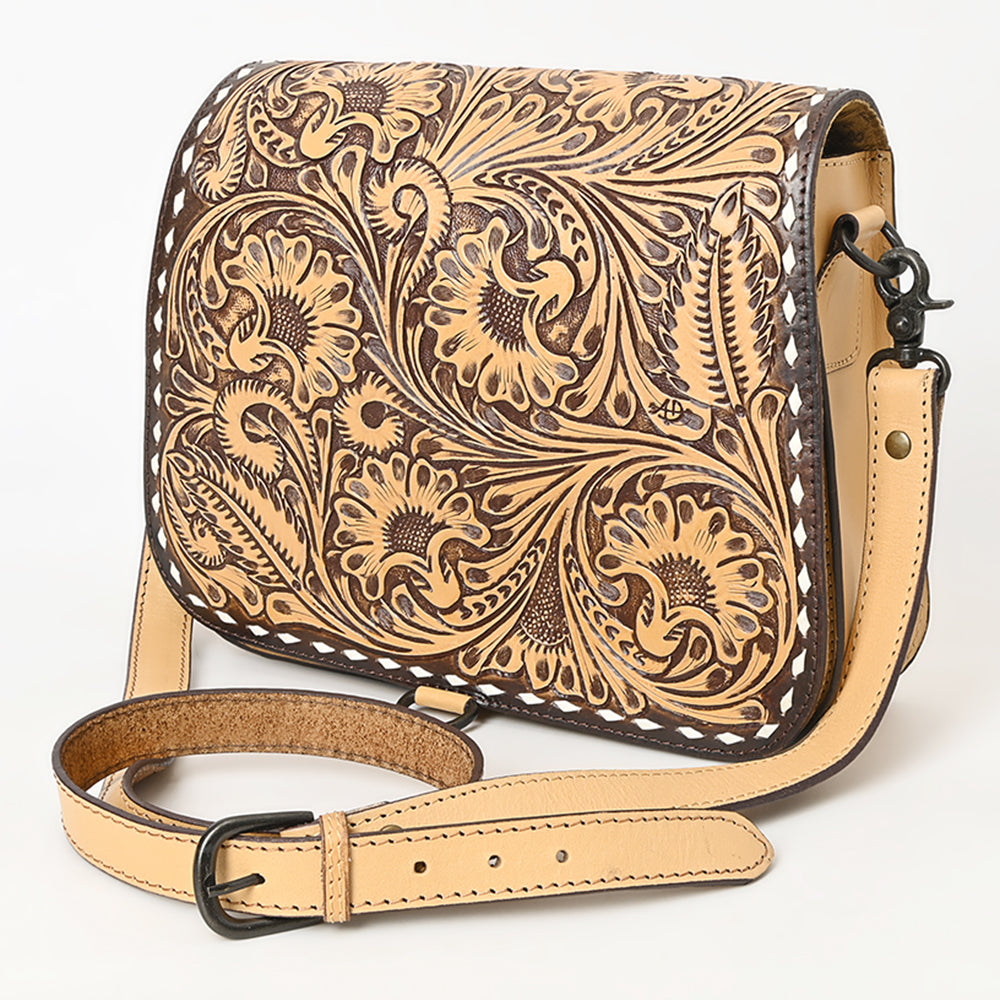 ADBGZ780 Natural Tooled Leather Crossbody Bag - Western Floral Flap Shoulder Purse