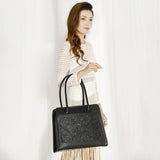 ADBGZ782A Structured Black Leather Tote Handbag - Hand-Tooled Floral Western Panel