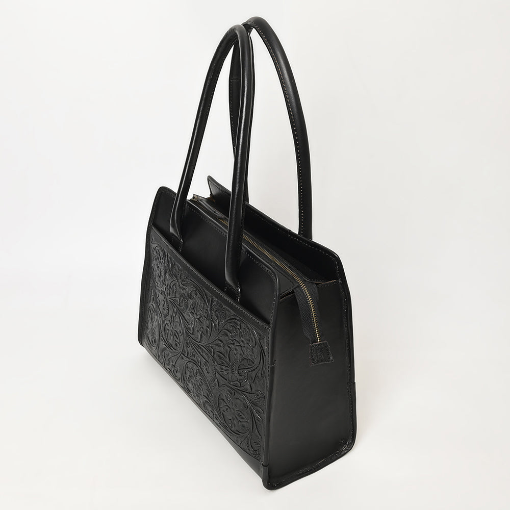 ADBGZ782A Structured Black Leather Tote Handbag - Hand-Tooled Floral Western Panel