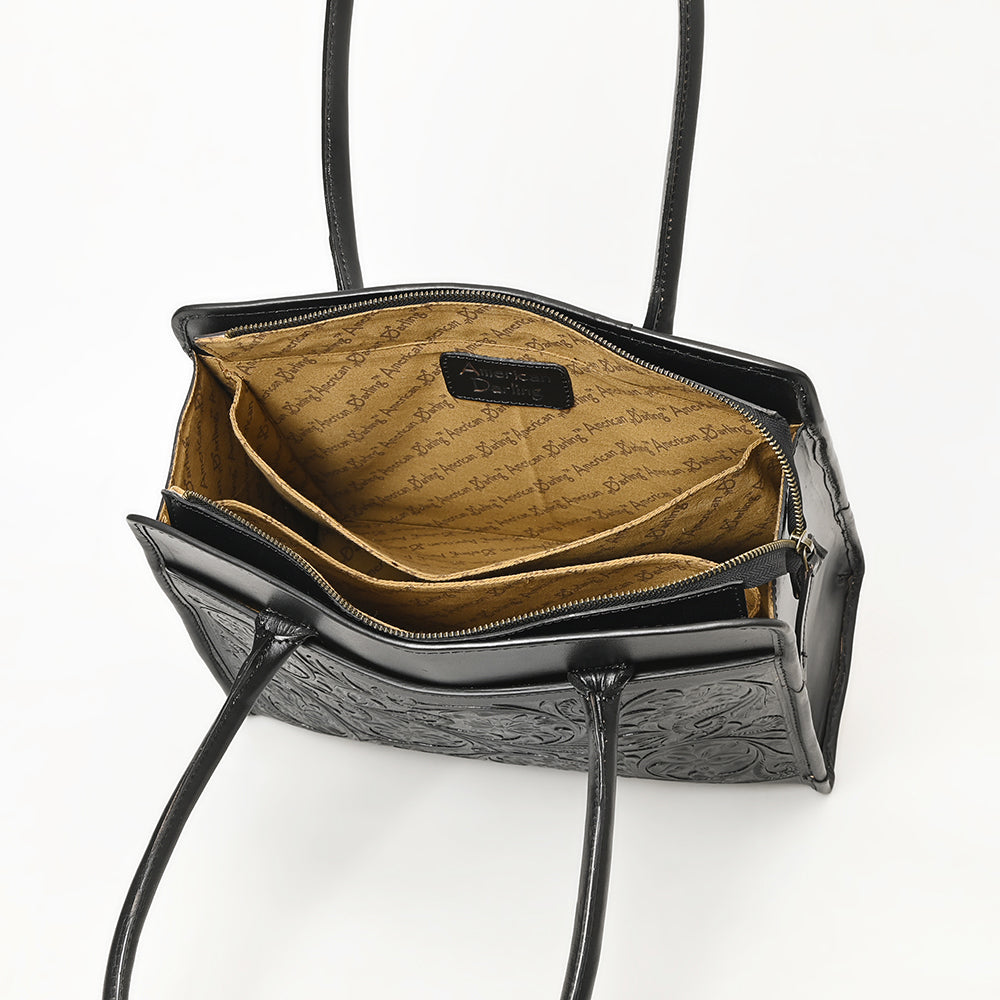 ADBGZ782A Structured Black Leather Tote Handbag - Hand-Tooled Floral Western Panel