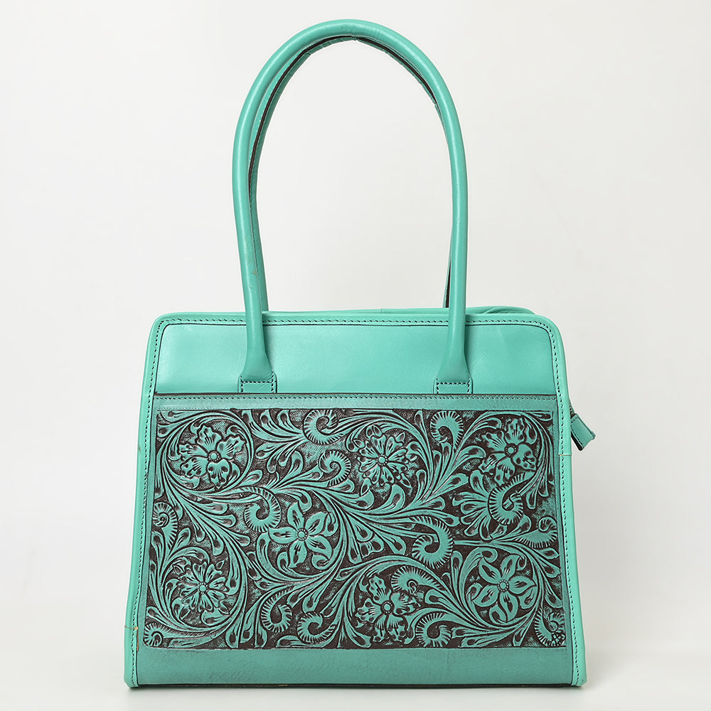 ADBGZ782 Structured Turquoise Leather Tote Handbag - Hand-Tooled Floral Western Panel