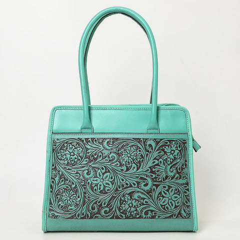 ADBGZ782 Structured Turquoise Leather Tote Handbag - Hand-Tooled Floral Western Panel