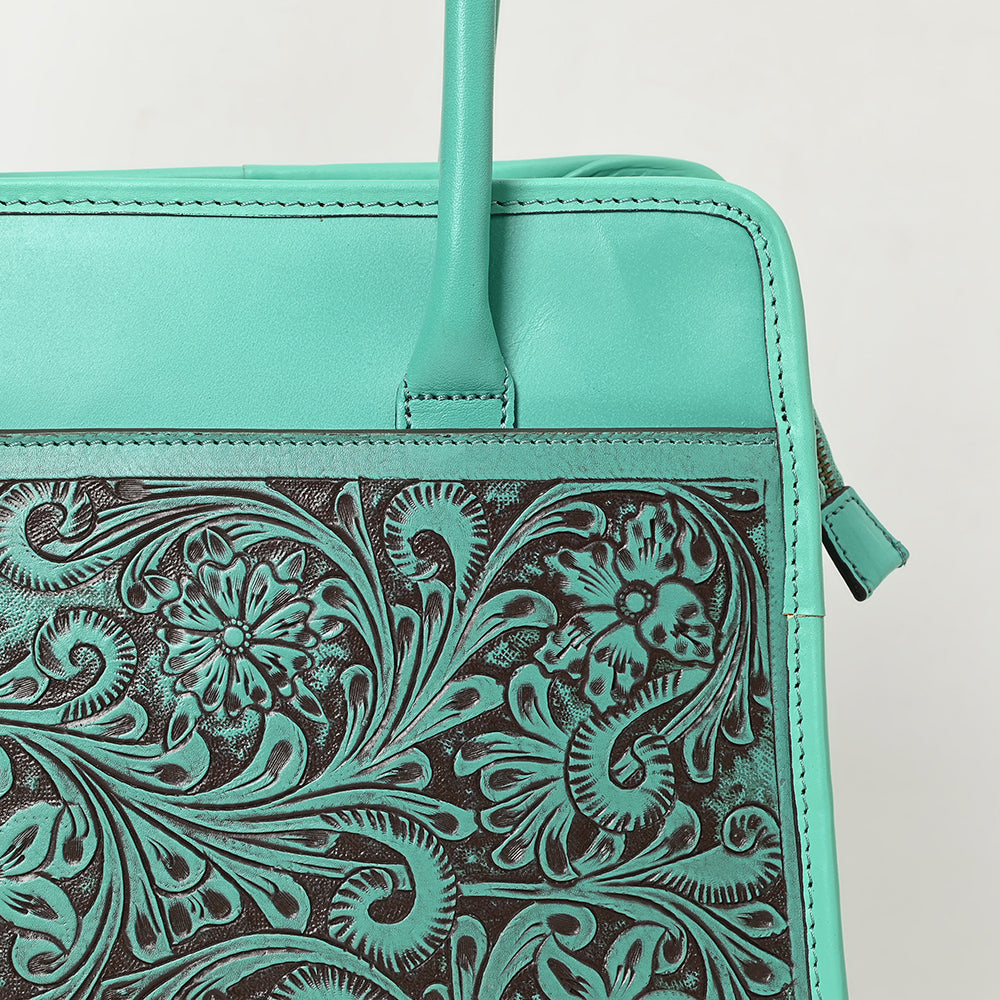ADBGZ782 Structured Turquoise Leather Tote Handbag - Hand-Tooled Floral Western Panel